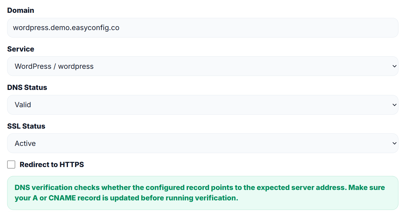 Service created inside the easyconfig dashboard