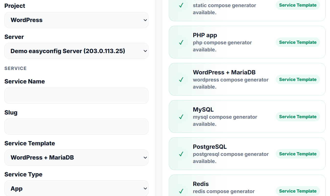 Template deployment form inside easyconfig